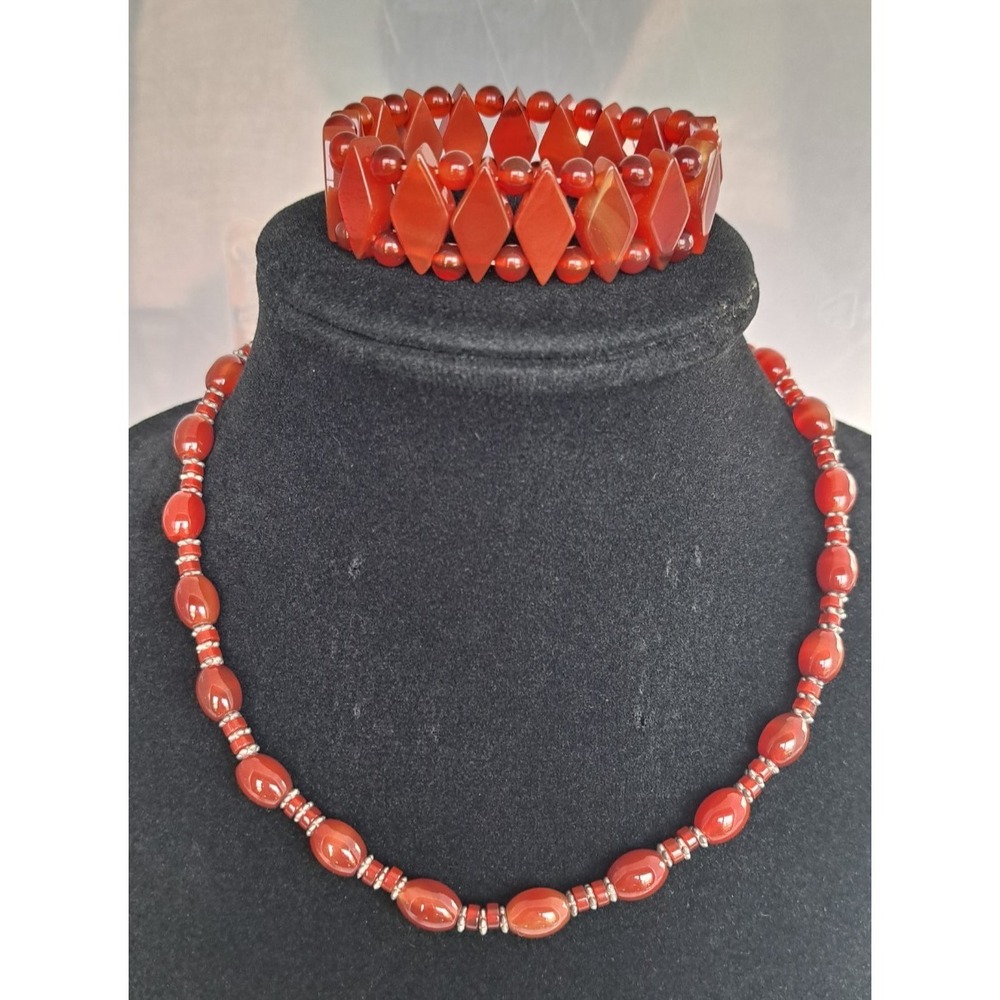 Fashion Jewelry Set Necklace Bracelet Beaded Gemstone Carnelian Adjustable Chain